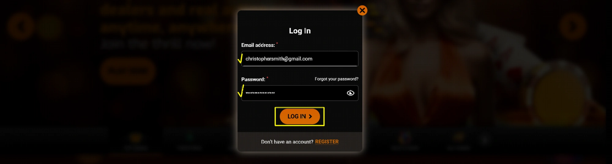 Procedura di login su Casino Intense